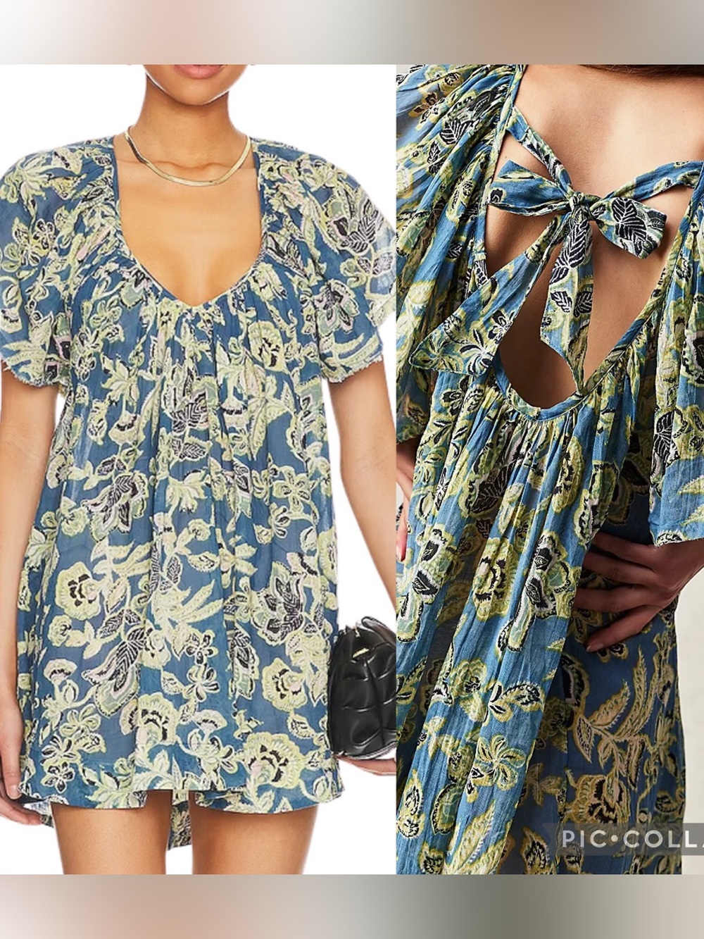 Free People Kauai Getaway Printed Blue & Green Floral Tie-Back Mini Tunic sz XS